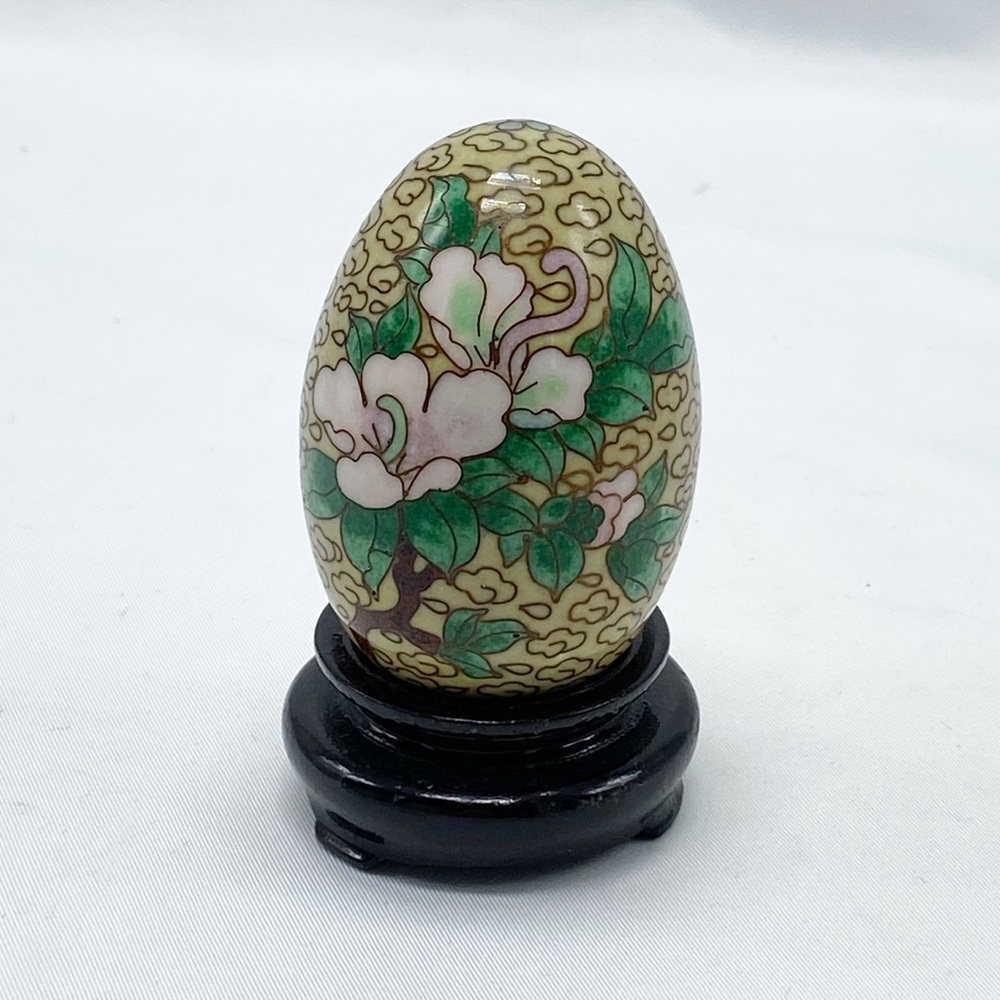 Vintage Cloisonne Enamel Brass Oriental Collectible Egg with Wooden Stand